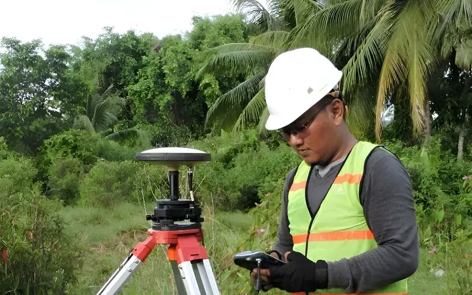 Profissional de capacete operando um receptor GNSS sobre tripé em área rural com vegetação